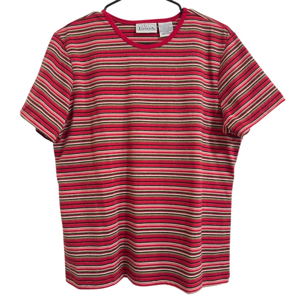 Vintage Basic Editions‎ L Red Gold Black White Striped Glitter Knit T Shirt Top